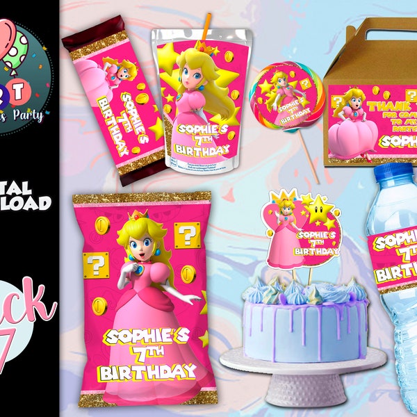 Princess Peach Package Printable - Chip Bag/Lollipop/Gable box/Juice Label/Bottle Label/Candy bar/Topper Cake- Peaches Birthday Party