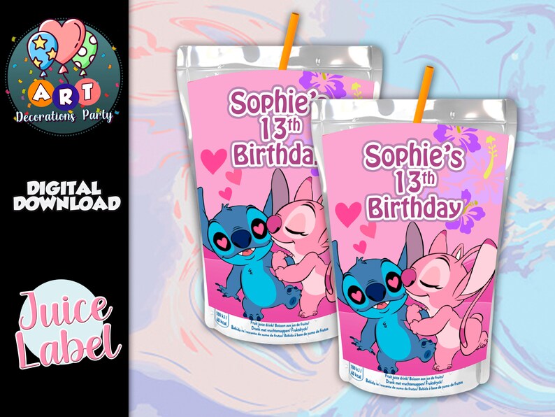 Stitch & Angel Juice Label Printable Juice Pouch Stitch Birthday Party