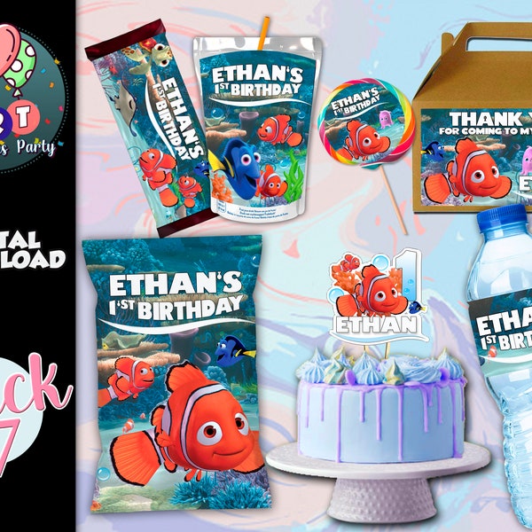 Finding Nemo Package Printable - Chip Bag/Lollipop/Gable box/Juice Label/Bottle Label/Candy bar/Topper Cake- Finding Dory Birthday Party