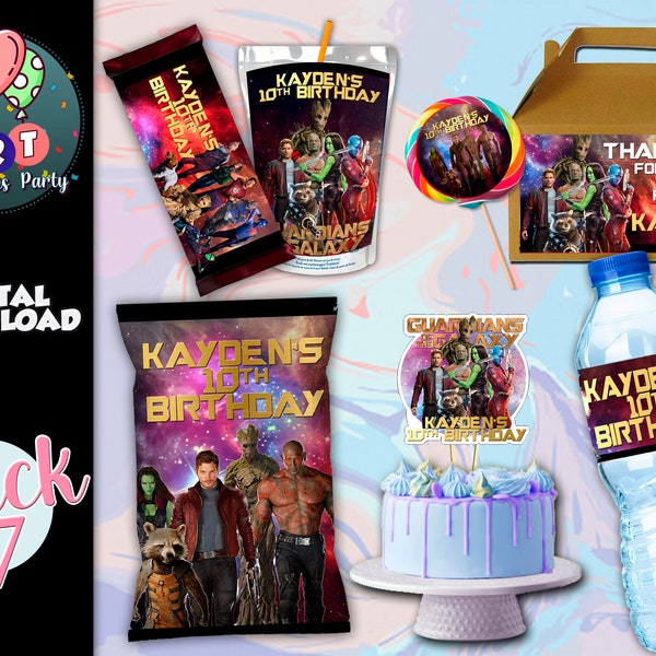 Guardians of the Galaxy Package Printable - Chip Bag/Lollipop/Gable box/Juice Label/Bottle Label/Candy bar/Topper Cake- Birthday Party