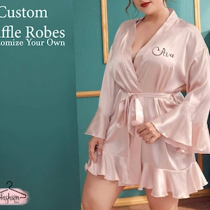 Plus Size Satin Ruffle Robe Personalized Ruffled Robe Customized Satin Ruffle Robe Bridal Ruffle Lace Robe Kimono Ruffle Robe Wedding Gift