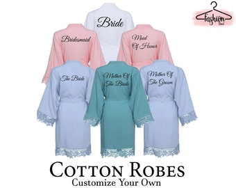 Cotton Bridal Robe Bridesmaid Robes / Wedding Bridesmaid Gift / Bridal Party Robes / Plus Size Bridesmaid Robes | Cotton Lace Robe |