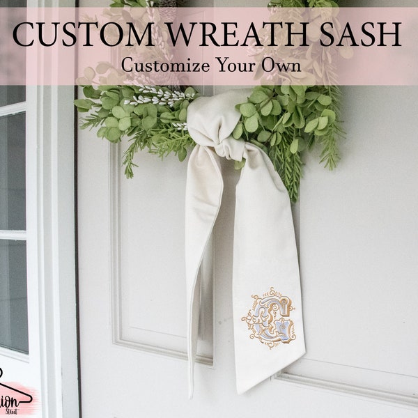 Wreath Sash, Boxwood Wreath Embroidered Sash, Embroidery Sash, Door Hanger, Personalized Wreath Sash, Housewarming Gift, Home Decor, Bridal