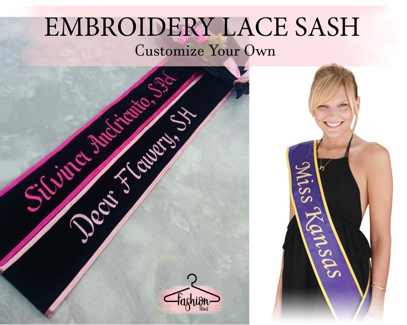 Custom Border Sash Personalized Embroidery Lace Sash Custom Lace Sash Lace Sash Customize Sash Bridesmaid Sash Custom Bridal Lace Sash Gifts image 2