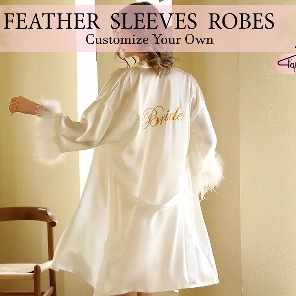 Satin Robe with Feathers Embroidery Robes Bridesmaid Robes Custom Robes Getting Robe with feathers Feathers Satin Robes Bachelorette party