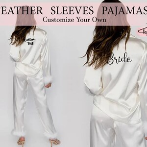 Feather Pajama set Satin Long Pajamas white Feather Pajamas Bride Feather Pajamas Set Pajama with Feather Xmas Feather Pjs Custom Satin Pjs