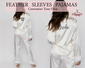 Feather Pajama set Satin Long Pajamas white Feather Pajamas Bride Feather Pajamas Set Pajama with Feather Xmas Feather Pjs Custom Satin Pjs