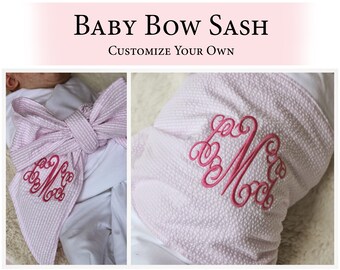 Embroidered Seersucker Baby Bow Sash, Monogram Seersucker, Seersucker Baby Bow Headband, Baby Shower Gift, Embroidery Baby Bow Sash