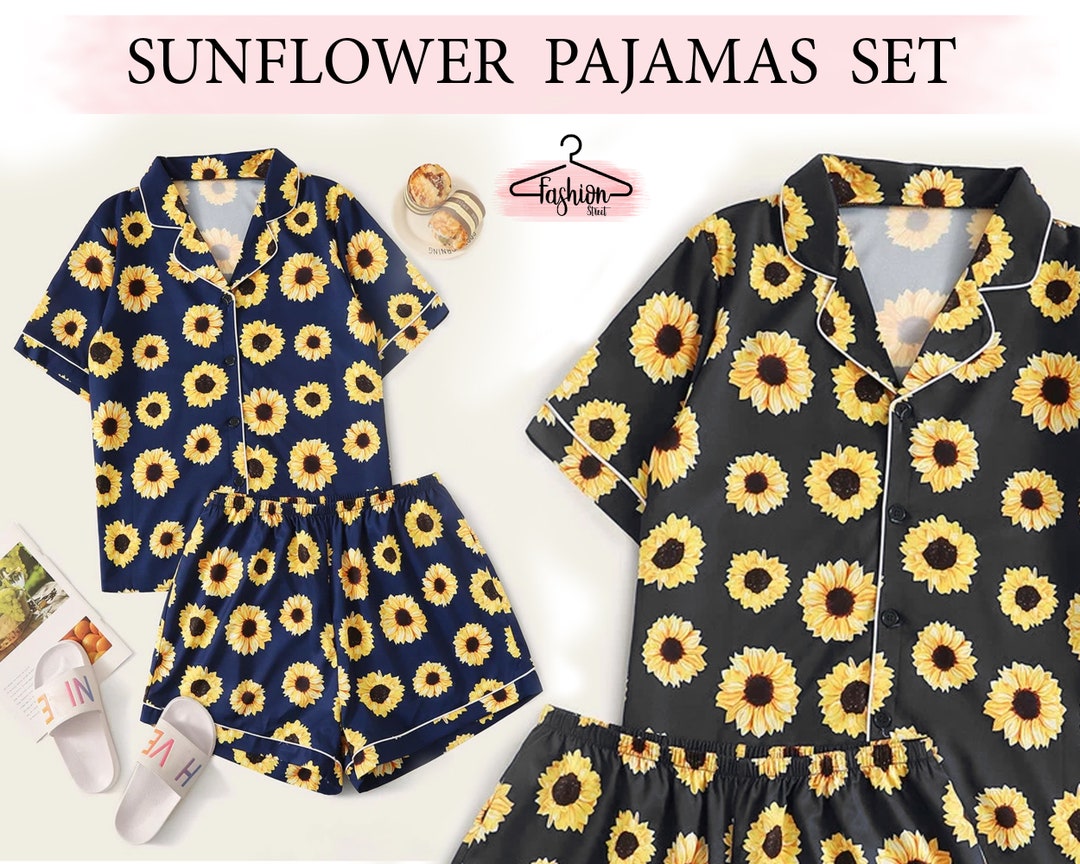 Personalized Pajamas Set Sunflower Print Button Front Pajama Etsy UK