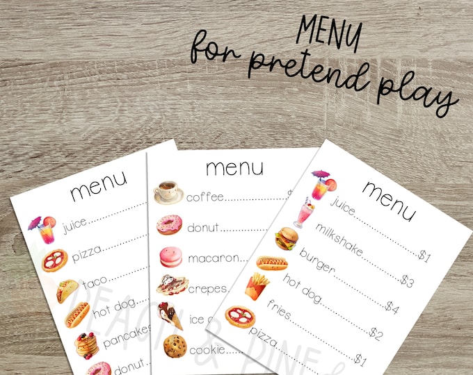 Menu for Kids Pretend Play Printable Digital Download - Etsy