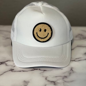 Smiley Face Trucker Hat | Smiley Face Hat | Chenille Patch Hat | Smiley Face Cap |