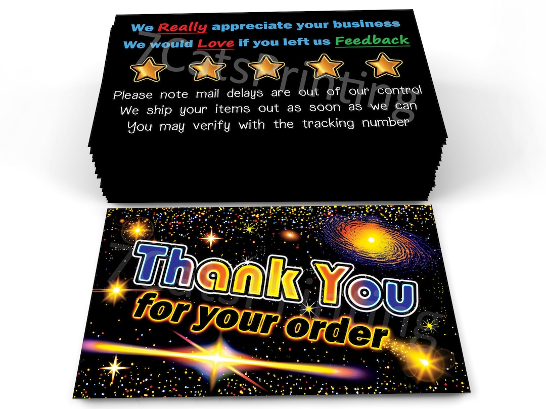 Thank You For Your Order Compliment Cards – Script Design – A6 – For EBay, Etsy, Amazon Sellers
