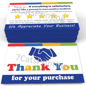 May include: Stack of blue thank you cards with a handshake graphic and the text "Thank You for your purchase". The cards have a red, yellow, green, and blue border.