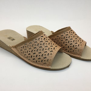 Ladies 100% Leather Slippers /Woman&#39;s open toe slippers with Cork wedge / Women slippers / Christmas gift / Bridesmaids slippers