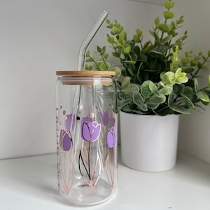 Glitter Flower Glass Can With Bamboo Lid and Glass straw
