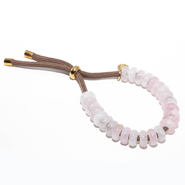 Bracelet cordon de perles de quartz rose, bracelet de perles de beignets, bracelet de cordon, acier inoxydable plaqué or 18 kt