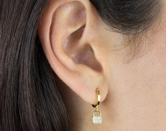 Love Lock Earring Hoop silver 925 Gold plated 18 kt, Gold earring hoop, lock hoop earring,