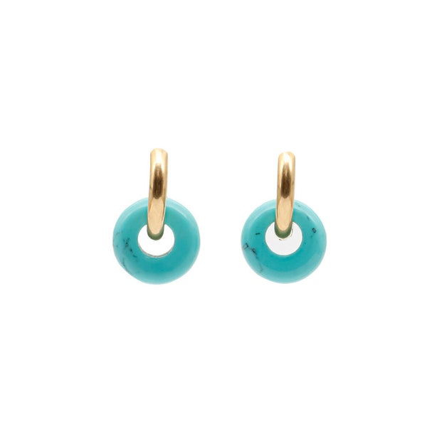 Small Turquoise donut earrings, natural stone bead dangle hoop earrings, Drops stone earrings, gold donut hoop earrings, lucky earrings.