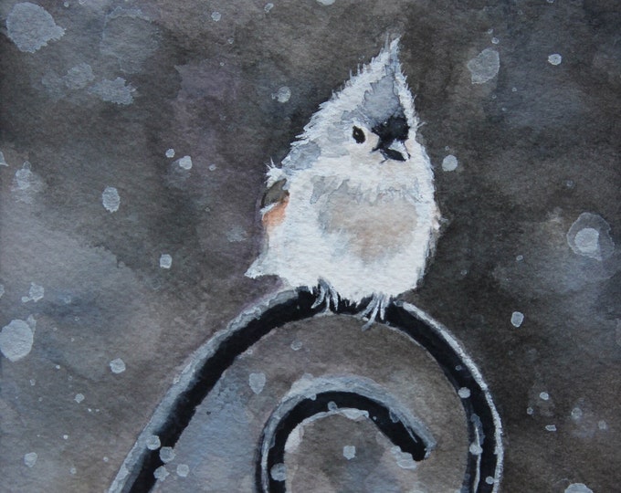 Giclee Print- Tiny Finch in Snow Water Color Print