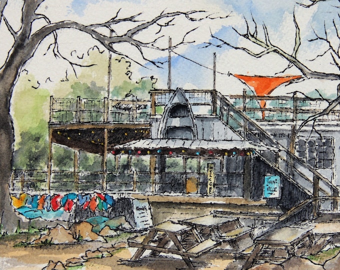 Wimberely Texas  Pen and Ink + Watercolor Print- Texas Wall Decor- Texas Hill Country  Artwork- Texas City Imagery