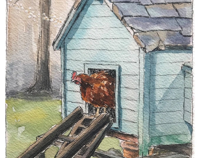 Giclee Print- Hen Watercolor + Pen and Ink- Line and Wash Hen in Hen House- Chicken Lover Artwork