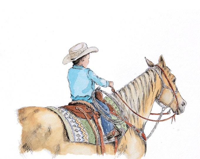 Giclee Print- Little Cowboy Watercolor + Pen and Ink Print - Boys Bedroom Decor - Cowboy Art