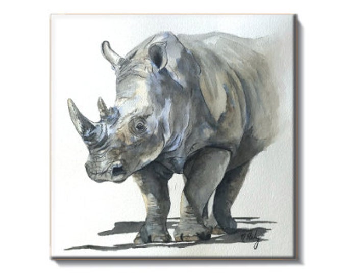 Ceramic Tile of Rhino Water Color Art - Unique Rhino Lover Gift-Original Water Color Print on Ceramic Tile