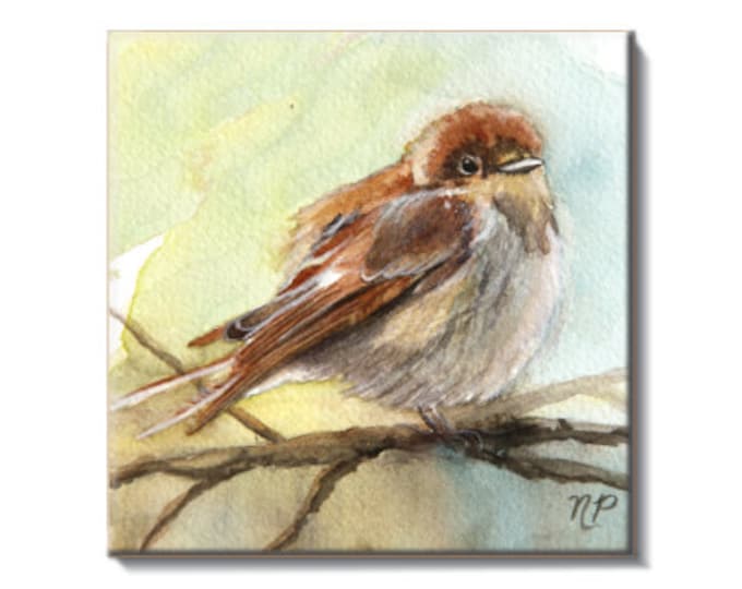 Ceramic Tile of Baby Wild Bird - Unique Bird Lover Gift-Original Watercolor Print on Ceramic Tile- Cottage Tabletop or Wall Decor- Sparrow