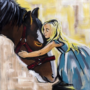 Giclee Canvas Print of &quot;Horse Hugs&quot; Original Oil Painting-Draft Horse Painting- Horse Lover Gift- Fine Art Print