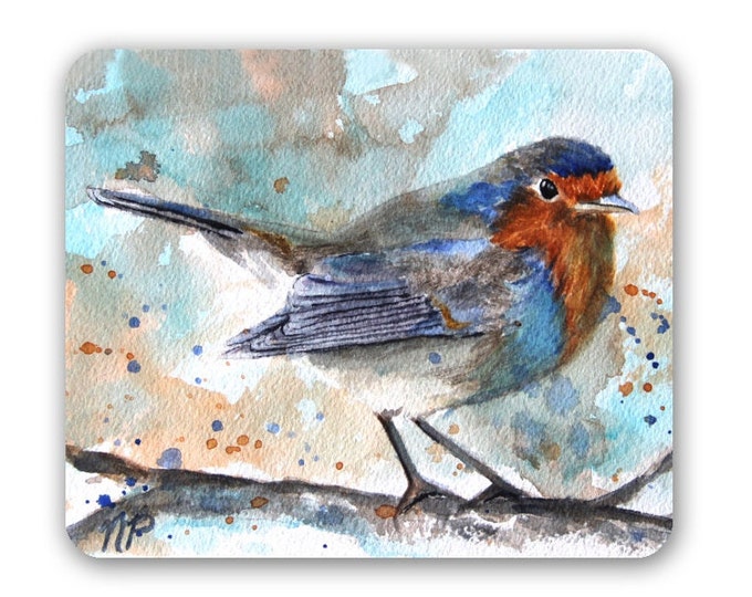 Mouse Pad-Colorful Bluebird- Original Watercolor Bluebird Print on Mouse Pad- Nature Lover Gift- Country Cottage Mouse Pad