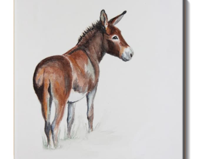 Ceramic Tile of Mini Donkey Water Color Art - Unique Mini Donkey Lover Gift-Original Water Color Print on Ceramic Tile