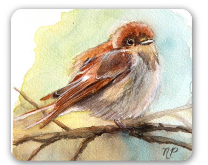Mouse Pad-Colorful, Adorable Baby Sparrow- Bird Lover Gift- Wild Bird Mouse Pad- Print from original watercolor art