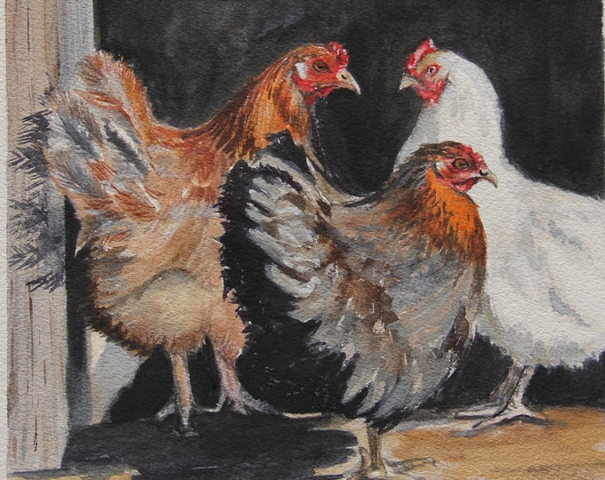 Hens at the Barn Watercolor Print- Giclee Print of Original Watercolor-Chicken Lover Gift- Farmhouse Wall Decor-Farmhouse Painting