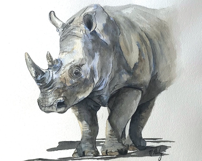 Giclee Print- Rhino Water Color Print- African Safari Art- White Rhino Art, Animal Illustration- Home Decor-Nursery Decor-Wildlife Art