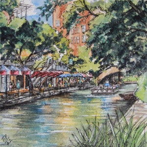 San Antonio River Walk Pen and Ink + Watercolor Print- Texas Wall Decor- River Walk Artwork- Texas City Imagery