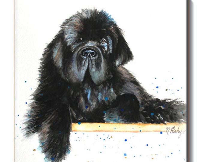 Ceramic Tile of Black Newfoundland Dog Water Color Art - Unique Dog Lover Gift-Original Water Color Print on Ceramic Tile