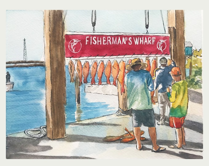 Port Aransas Texas Wharf Pen and Ink + Watercolor Print- Texas Wall Decor- Texas Beach Artwork- Texas City Imagery