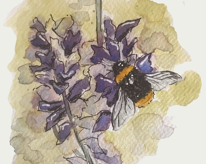 Bee pen and Ink + Watercolor- Giclee Print of Original Watercolor Art- Bee Lover Gift-Bee Watercolor-Tiny Bee Art
