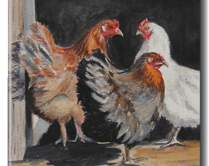 Ceramic Tile of Hens at the Barn Water Color Art - Unique Chicken Lover Gift-Original Water Color Print on Ceramic Tile