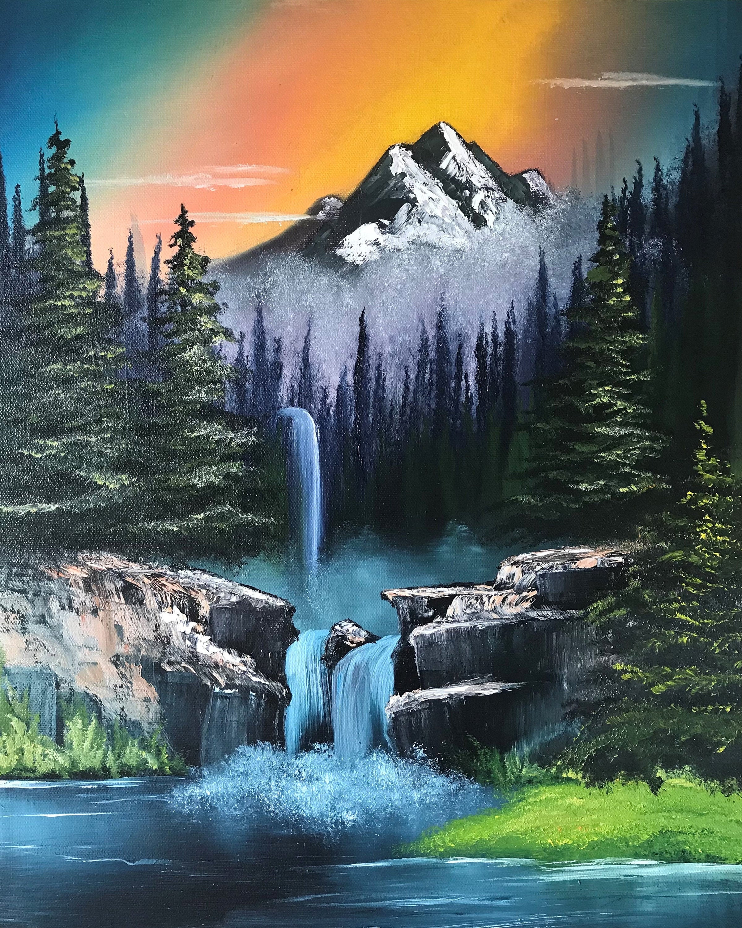 Giclee Print of Bob Ross Inspired Mountain Waterfall 