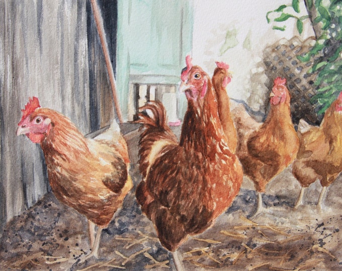 Hens in the Yard Watercolor Print- Giclee Print of Original Watercolor-Chicken Lover Gift- Farmhouse Wall Decor-Farmhouse Painting