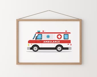 May include: A framed illustration of a red and white ambulance with a blue star and a red cross on the side. The text "AMBULANCE" is printed in black on the side of the vehicle.