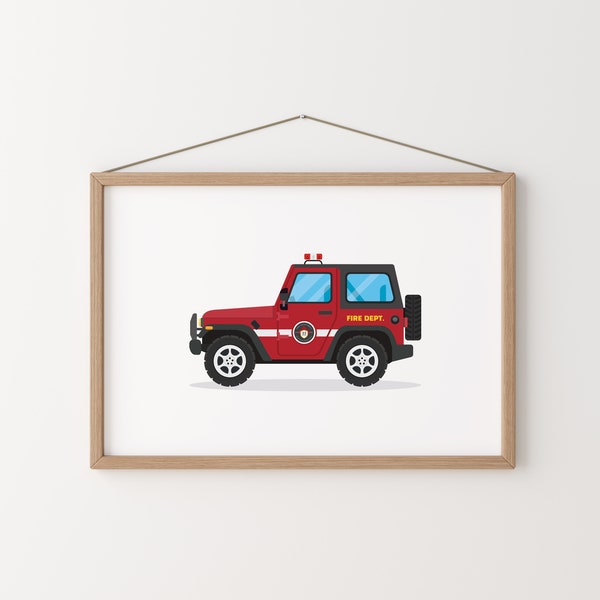 Fire Jeep, Fire Jeep truck print, Fire Truck, Vehicle Prints, Transportation Wall Decor, Kids Poster, Boy Room Decor, Transport Wall Decor