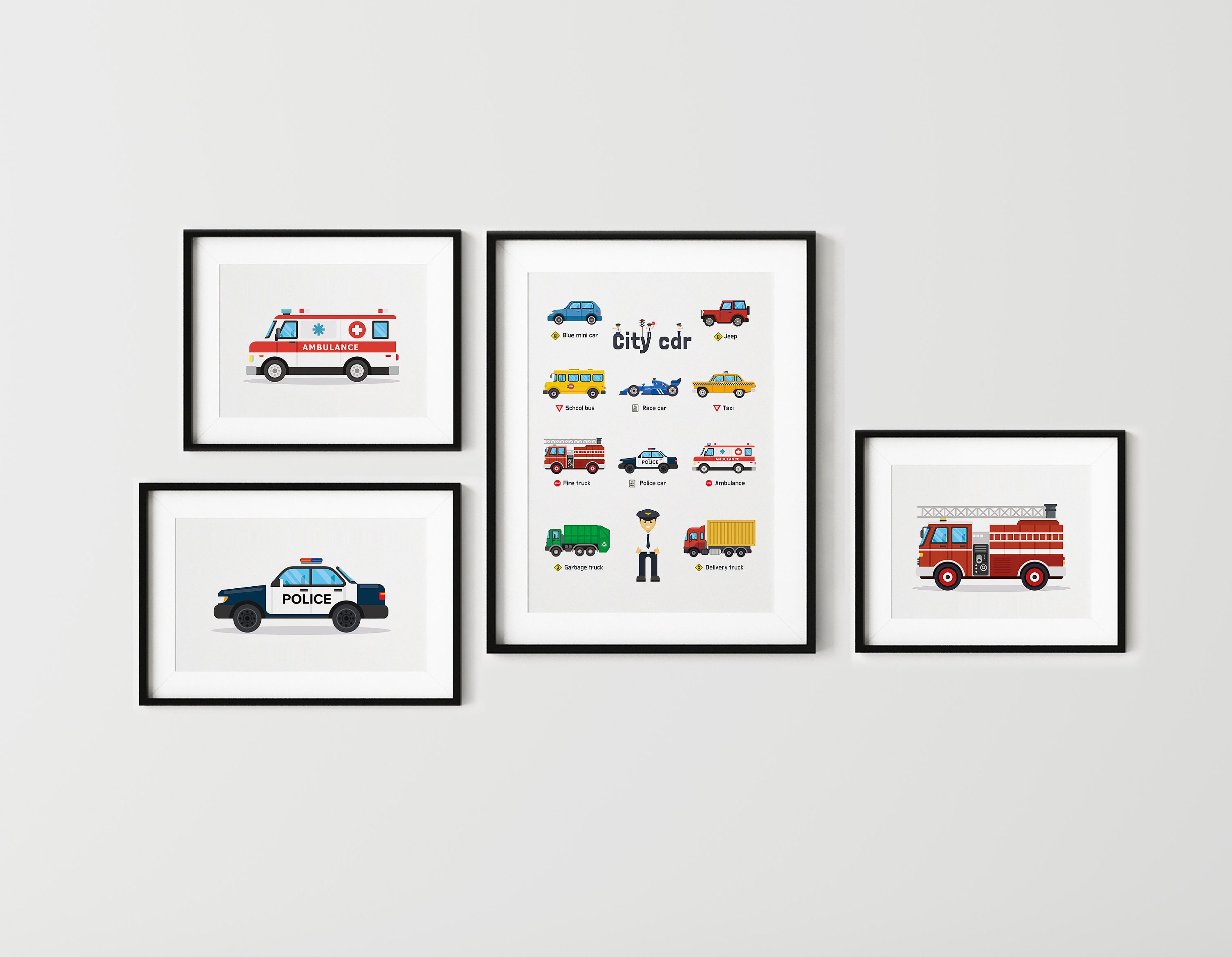 Set of 3 Emergency Vehicles Prints, Police Car, Ambulance, Fire Engine ...
