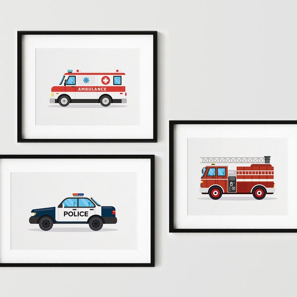 Set Of 3 Emergency vehicles Prints, Police car, Ambulance, Fire engine, Kids Poster, Boy Room Decor, Transport Wall Decor, Car Wall Art