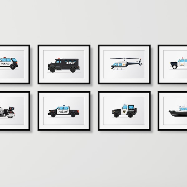 Set Of 8 Police Vehicles Prints, Vehicles Art Print, Printable Wall Art, Boys Room Decor, Kids Poster, Transport Wall Decor, Car Wall Art