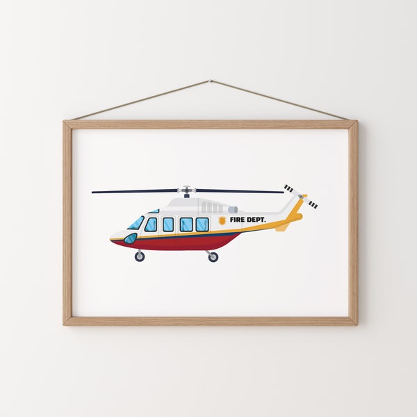 Fire truck helicopter Print, Rescue Vehicles, Transportation Wall Decor, Vehicle Prints, Kids Poster, Boy Room Decor, Transport Wall Decor