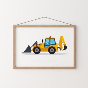 May include: A yellow construction vehicle with a black bucket and a blue window. The vehicle is on a white background.