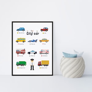 Cartel del coche, decoración de la pared del transporte, impresión del coche, decoración de la pared del coche, cartel de los niños, decoración de la habitación del niño, camión de bomberos, ambulancia, coche de la policía