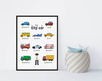 May include: A colorful educational chart featuring illustrations of different city vehicles, including a blue mini car, school bus, race car, taxi, fire truck, police car, ambulance, garbage truck, and delivery truck. The chart is titled "City cdr".